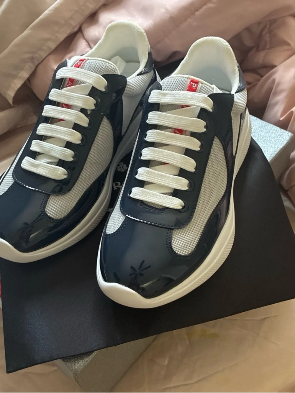 Prada navy blue & White Mesh Runner Sneakers - Picture 2 of 6